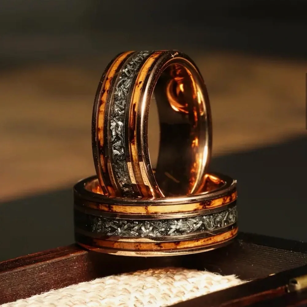 Men's Stainless Steel Wood Inlay Ring with Meteorite Accent Rose Golden Color - Picture 3 of 11